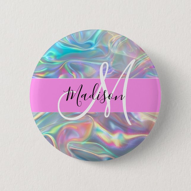 Girly Rainbow Holografik Iridescent Monogram Namn Knapp (Framsida)