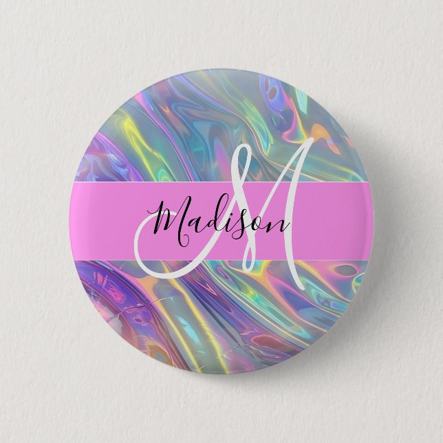 Girly Rainbow Holografik Iridescent Monogram Namn Knapp (Framsida)