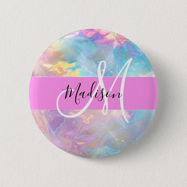 Girly Rainbow Holografik Iridescent Monogram Namn Knapp (Framsida)