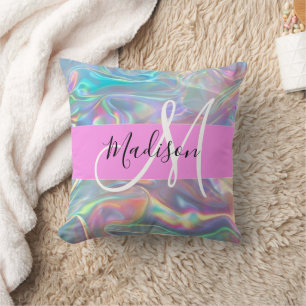 Girly Rainbow Holografik Iridescent Monogram Namn Kudde