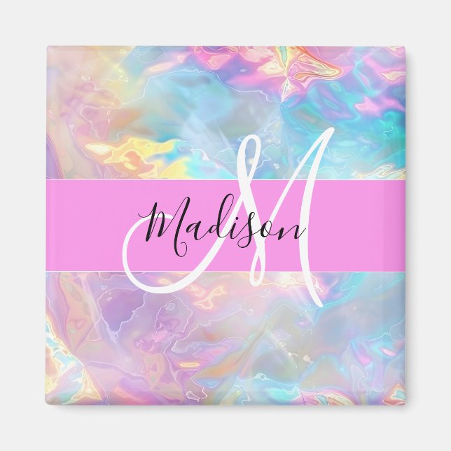 Girly Rainbow Holografik Iridescent Monogram Namn Magnet (Framsidan)