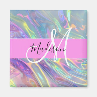 Girly Rainbow Holografik Iridescent Monogram Namn Magnet
