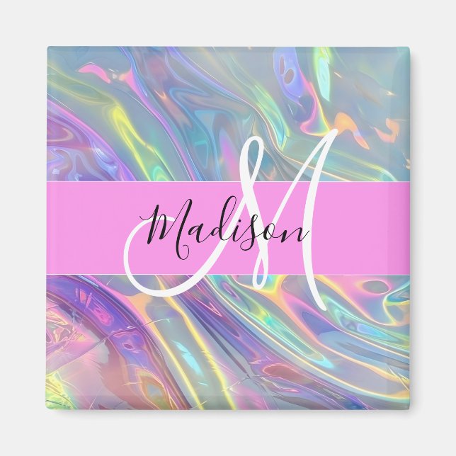 Girly Rainbow Holografik Iridescent Monogram Namn Magnet (Framsidan)