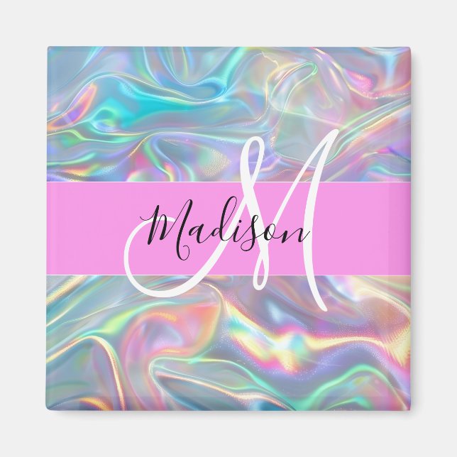 Girly Rainbow Holografik Iridescent Monogram Namn Magnet (Framsidan)