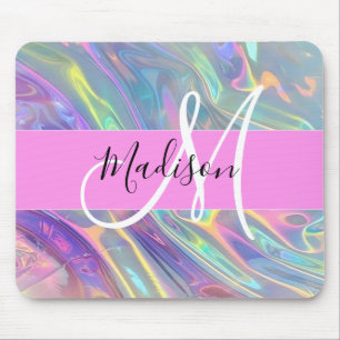 Girly Rainbow Holografik Iridescent Monogram Namn Musmatta