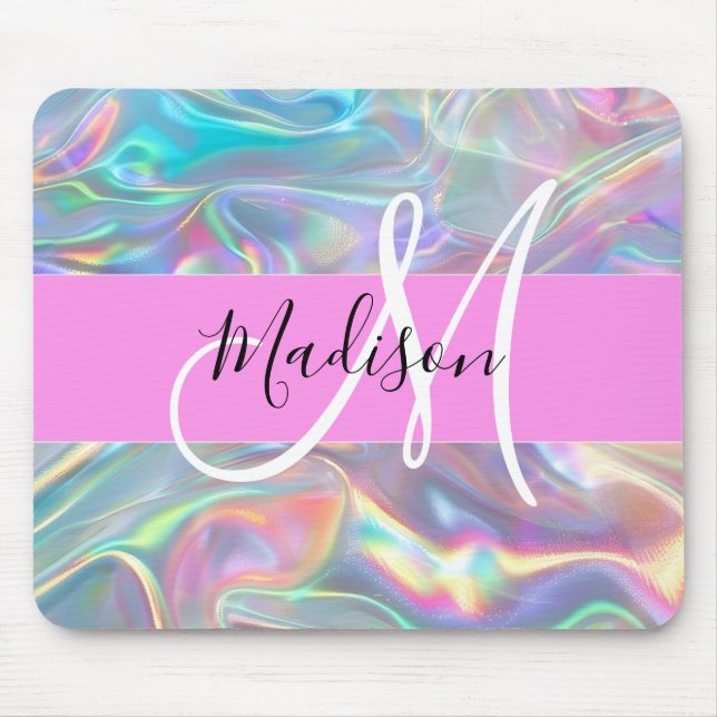 Girly Rainbow Holografik Iridescent Monogram Namn Musmatta (Framsidan)