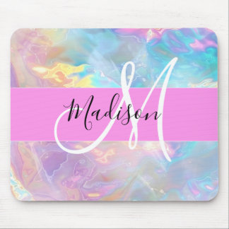 Girly Rainbow Holografik Iridescent Monogram Namn Musmatta