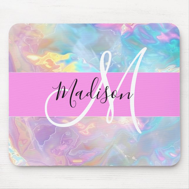 Girly Rainbow Holografik Iridescent Monogram Namn Musmatta (Framsidan)