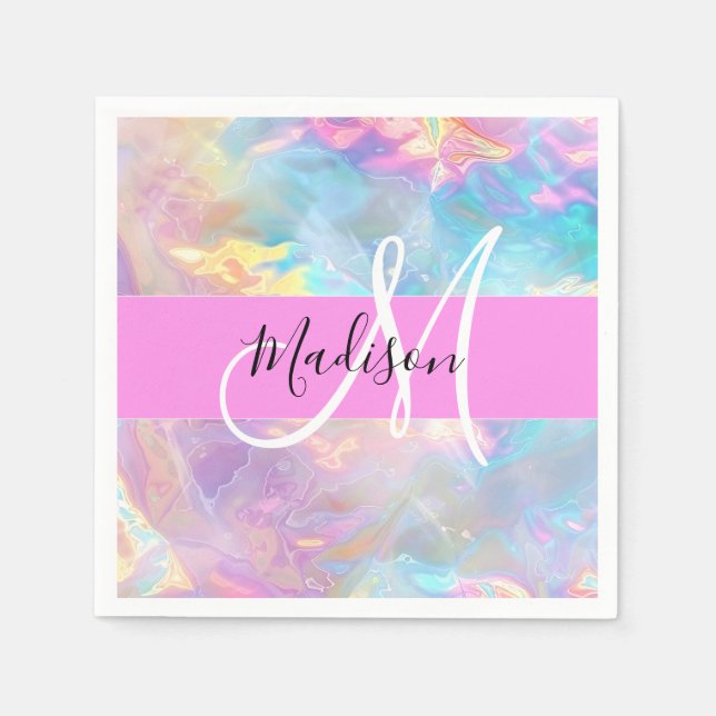 Girly Rainbow Holografik Iridescent Monogram Namn Pappersservett (Framsidan)