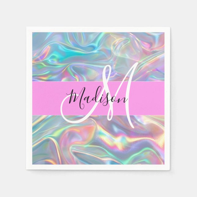 Girly Rainbow Holografik Iridescent Monogram Namn Pappersservett (Framsidan)