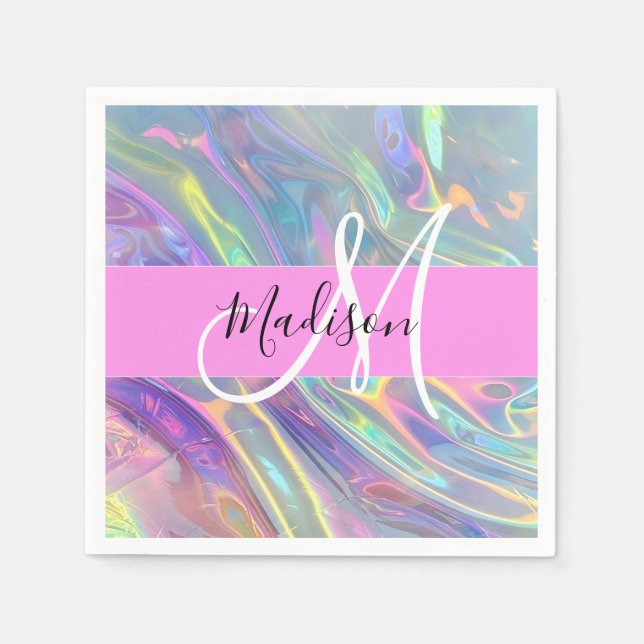 Girly Rainbow Holografik Iridescent Monogram Namn Pappersservett (Framsidan)