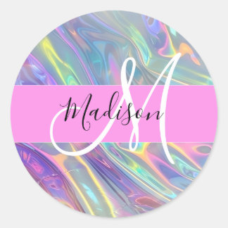 Girly Rainbow Holografik Iridescent Monogram Namn Runt Klistermärke
