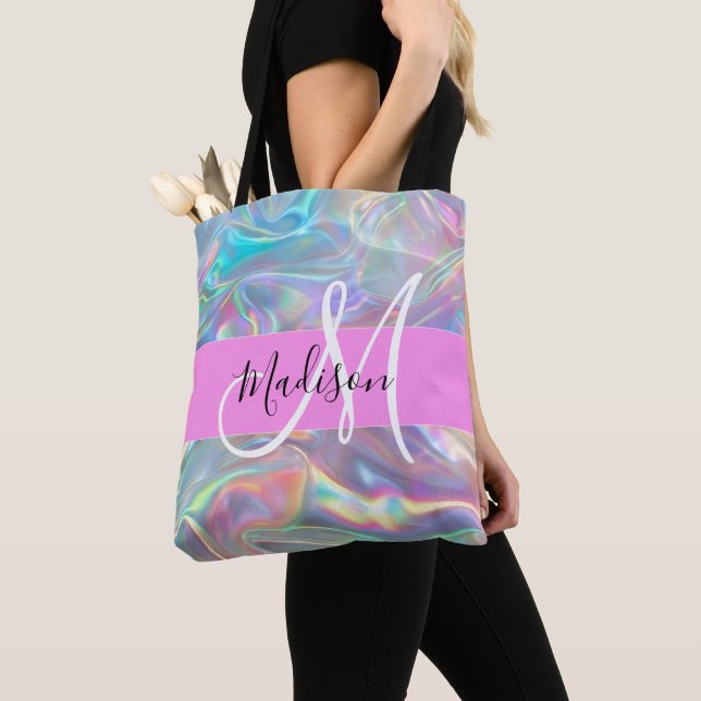 Girly Rainbow Holografik Iridescent Monogram Namn Tygkasse (Närbild)