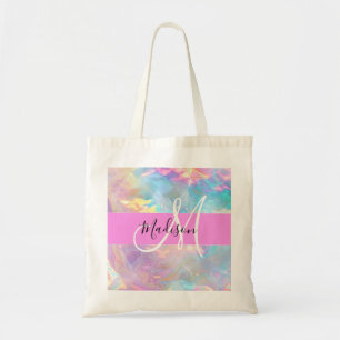 Girly Rainbow Holografik Iridescent Monogram Namn Tygkasse