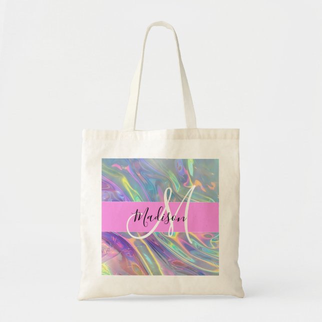 Girly Rainbow Holografik Iridescent Monogram Namn Tygkasse (Framsidan)