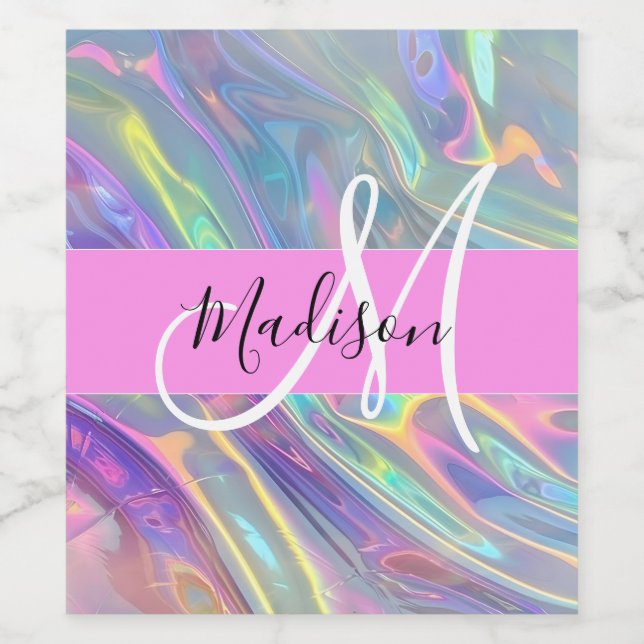 Girly Rainbow Holografik Iridescent Monogram Namn Vinflaska Etikett (Singel etikett)