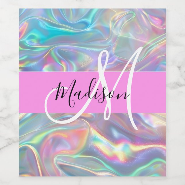 Girly Rainbow Holografik Iridescent Monogram Namn Vinflaska Etikett (Singel etikett)