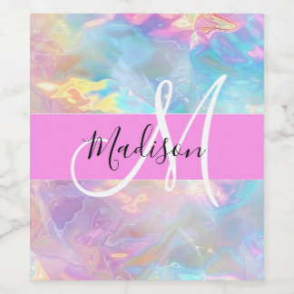 Girly Rainbow Holografik Iridescent Monogram Namn Vinflaska Etikett