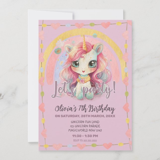 Girly Rainbow Pastel Lilac Kawaii Unicorn Birthday Inbjudningar (Framsida)