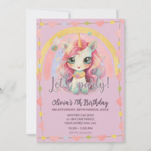 Girly Rainbow Pastel Lilac Kawaii Unicorn Birthday Inbjudningar