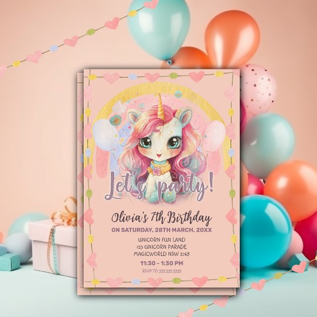 Girly Rainbow Pastel Rosa Kawaii Unicorn Birthday Inbjudningar (Skapare uppladdad)