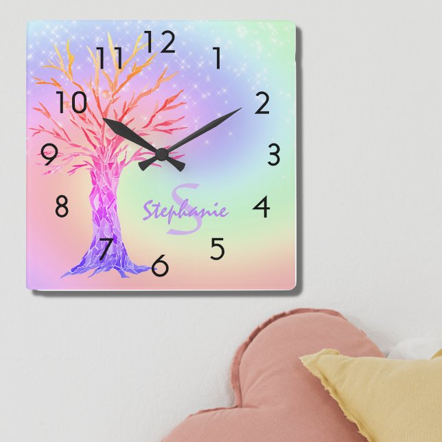 Girly Rainbow Sparkles Monogram Namn  Fyrkantig Klocka (Skapare uppladdad)