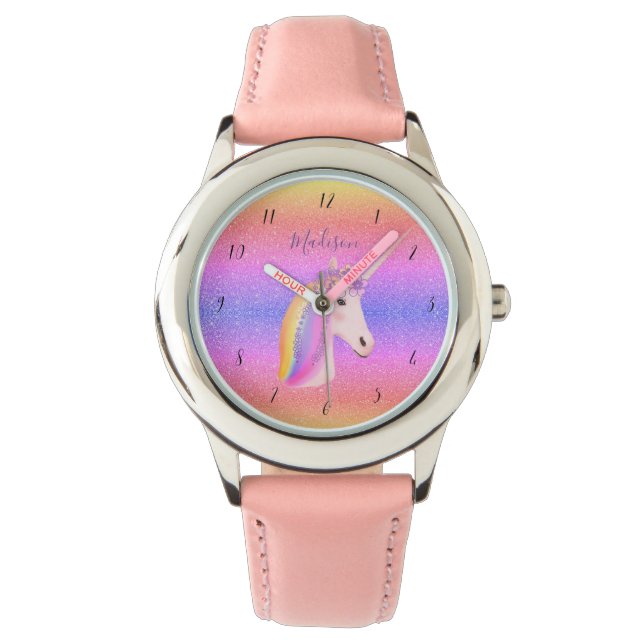 Girly Rainbow Unicorn Glitter Girls Personlig Armbandsur (Framsida)