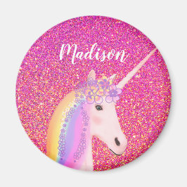 Girly Rainbow Unicorn Rosa Glitter Personlig Magnet