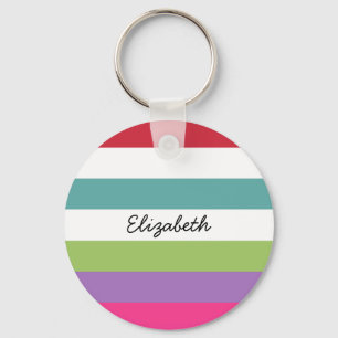 Girly Rainbow Wide Vågrät Rand med Namn Nyckelring