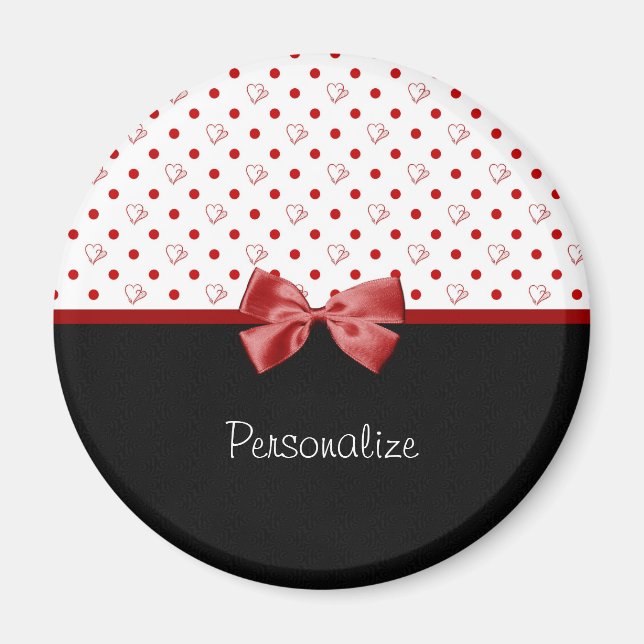 Girly Red and Black Polka Hearts Bow med Namn Magnet (Framsidan)