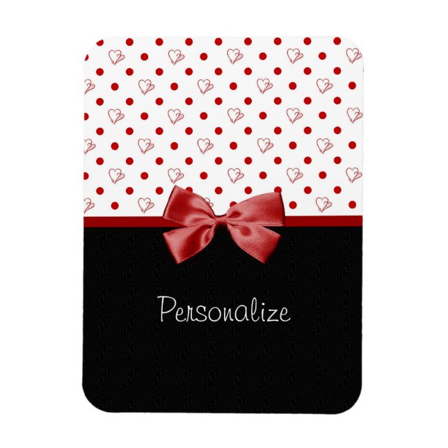 Girly Red and Black Polka Hearts Bow med Namn Magnet (Vertikal)
