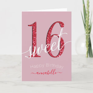 Girly Red Faux glitter Sweet 16 Birthday Kort