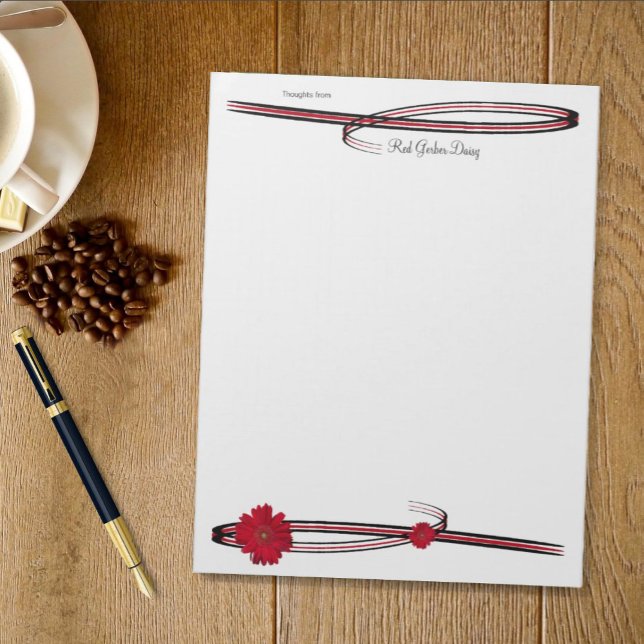 Girly Red Gerber Daisy Photos Flourish Gräns Anteckningsblock (Template note pad daisy border top and bottom )