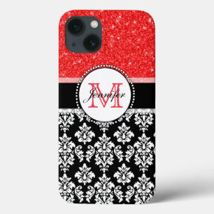 Girly, Red, Glitter Black Damask Personlig