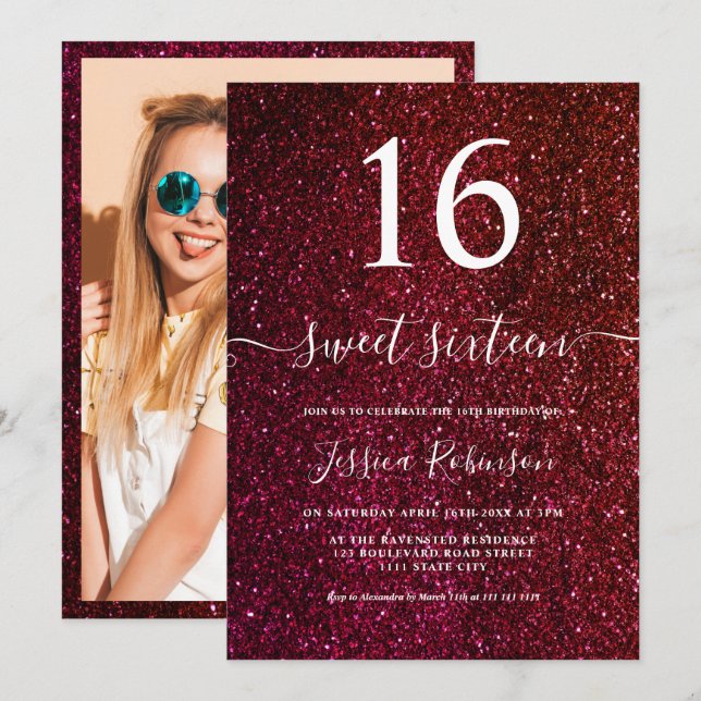 Girly Red glitter-skript chic Sweet 16 Inbjudningar (Fram/baksida)