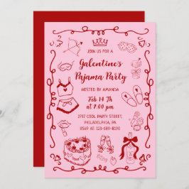 Girly Red Pink Hand Drawn Galentine's Pajama Party Inbjudningar