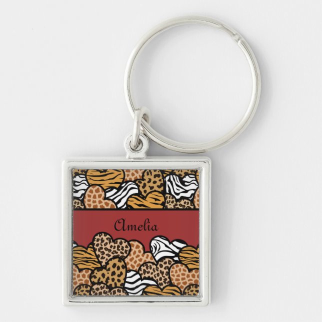 Girly Red Playful Animal Print Hearts Namn Fyrkantig Silverfärgad Nyckelring (Framsidan)
