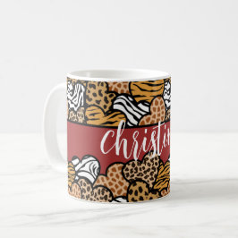 Girly Red Playful Animal Print Hearts Namn Kaffemugg