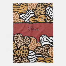 Girly Red Playful Animal Print Hearts Namn Kökshandduk