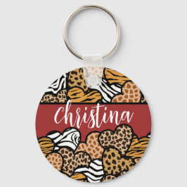 Girly Red Playful Animal Print Hearts Namn Nyckelring