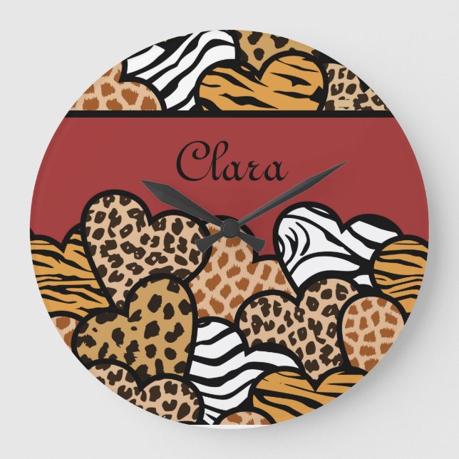 Girly Red Playful Animal Print Hearts Namn Stor Klocka (Framsida)