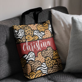 Girly Red Playful Animal Print Hearts Namn Tygkasse