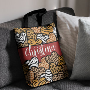 Girly Red Playful Animal Print Hearts Namn Tygkasse