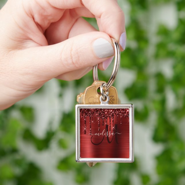 Girly Red Push Metall Monogram Glitter Fyrkantig Silverfärgad Nyckelring (Hand)