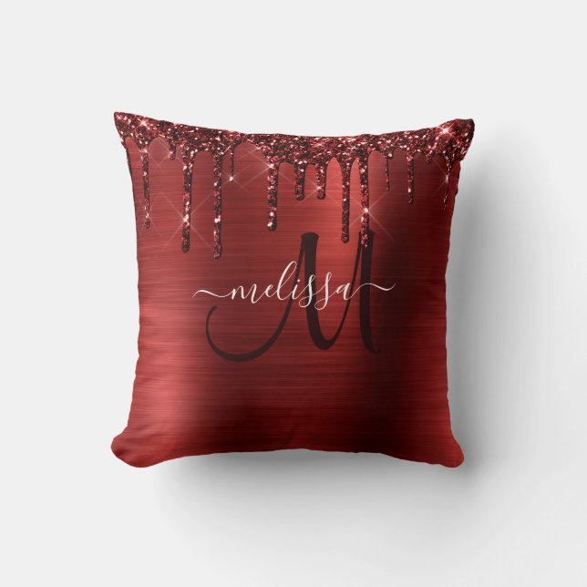 Girly Red Push Metall Monogram Glitter Kudde (Framsida)