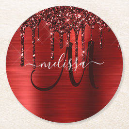 Girly Red Push Metall Monogram Glitter Underlägg Papper Rund