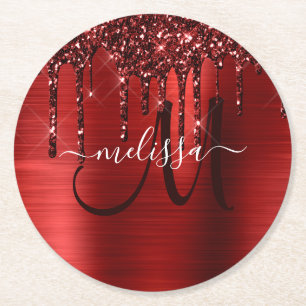 Girly Red Push Metall Monogram Glitter Underlägg Papper Rund