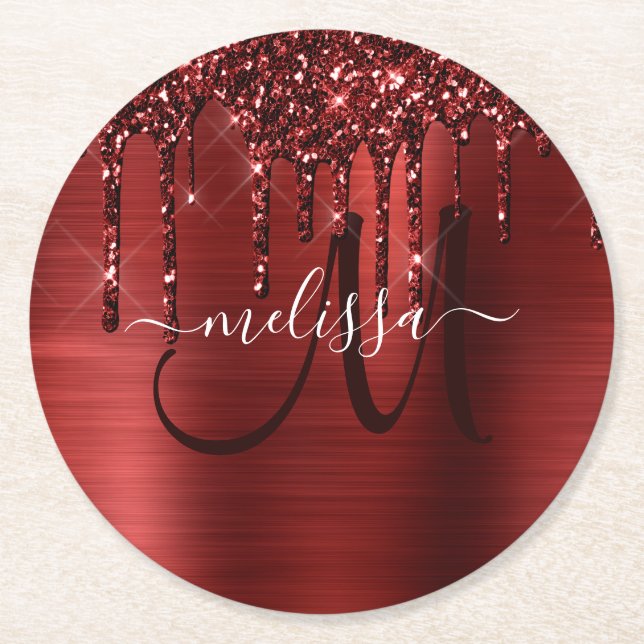 Girly Red Push Metall Monogram Glitter Underlägg Papper Rund (Framsidan)
