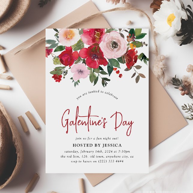 Girly Red & Rosa Blommigt Galentine's Inbjudningar (Skapare uppladdad)