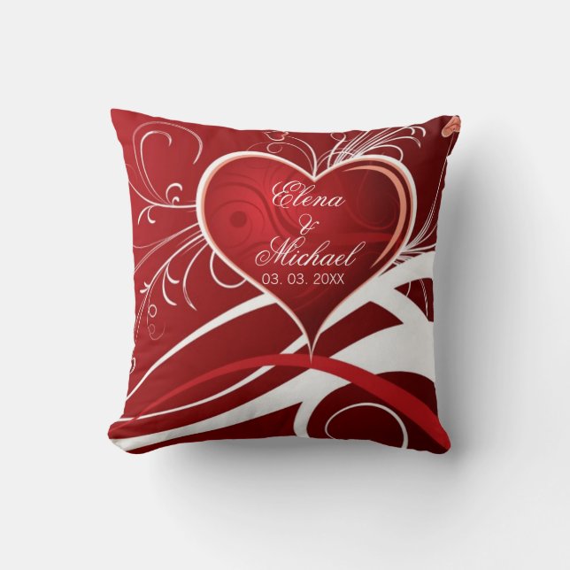 Girly Red & White Abstrakt Heart and Blommigt Swir Kudde (Framsida)